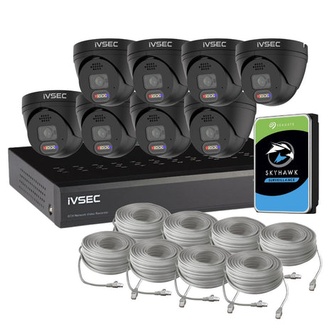 IVSEC Security System: 8x 8MP Adv. Deter, Full-Colour, Black Turrets, 8-Channel 12MP NVR, SMD