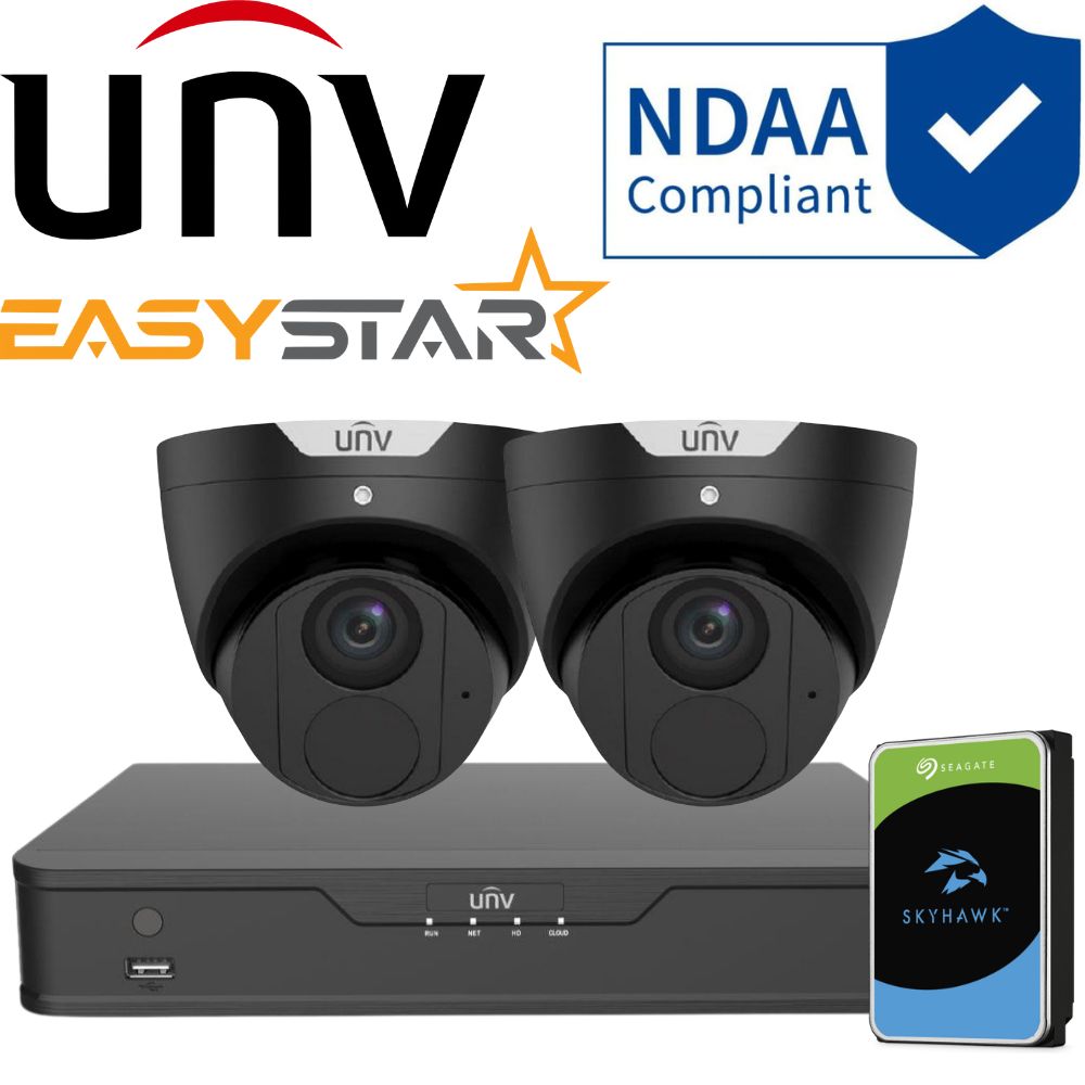 Uniview EasyStar Security System: 2x 6MP Turret Cams, 4CH 4K NVR + HDD (Black)
