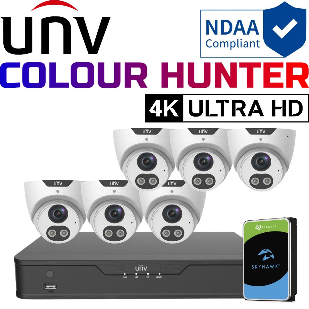 Uniview ColourHunter Security System: 6x 8MP Turret Cams, 8CH 4K NVR + HDD