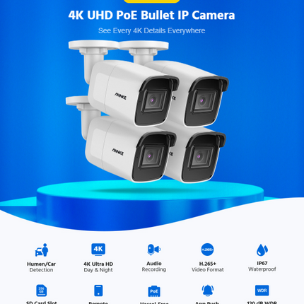 Annke 4x 8MP (4K) Bullet Cameras, IR Night Vision, AI Human & Vehicle Detection, Built-in Mic, IP67