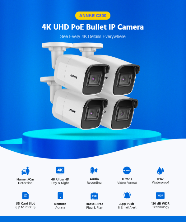 Annke 4x 8MP (4K) Bullet Cameras, IR Night Vision, AI Human & Vehicle Detection, Built-in Mic, IP67