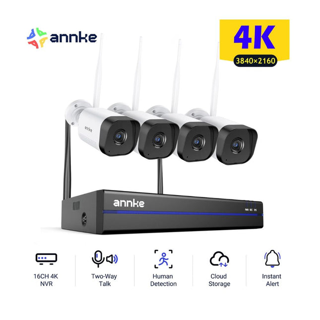 ANNKE 16CH NVR 4-Camera 8MP (4K) Wireless Security System, Motion Detection, Alexa Compatible, Waterproof