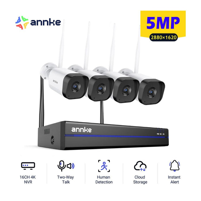 ANNKE 16CH NVR 4-Camera 5MP Wireless Security System, Motion Detection, Alexa Compatible, Waterproof