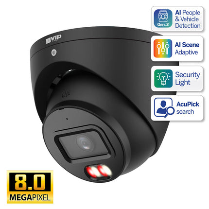 VIP Vision Professional AI Series 8.0MP Fixed AI Turret IP Camera Black with Active Deterrence & Microphone (2.8mm) - VSIPP-8DIRG-I3-B