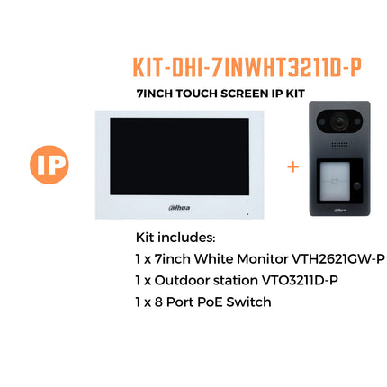 Dahua Intercom Kit: 7" Monitor (WHITE) 2MP Camera, 4 PoE Switch - KIT-DHI-7INWHT3211D-P
