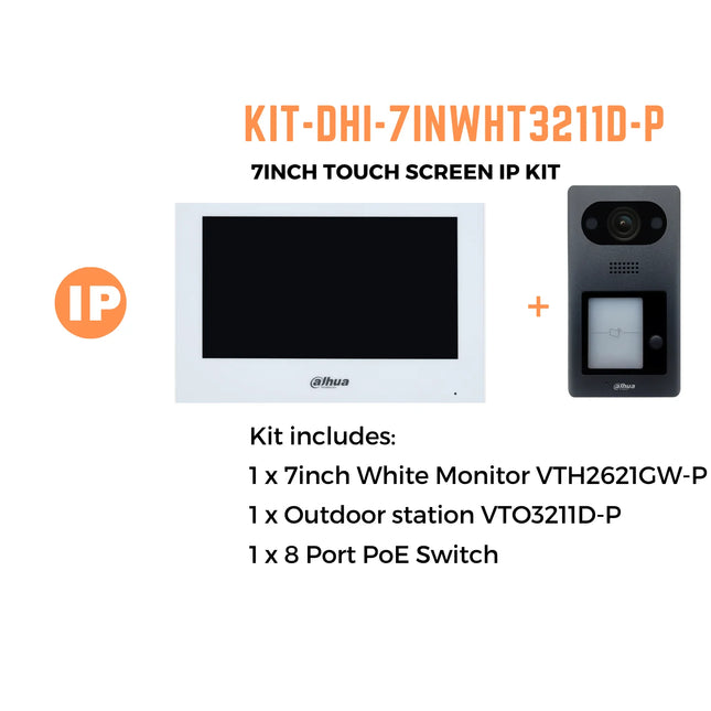 Dahua Intercom Kit: 7" Monitor (White) 2MP Camera, 4 PoE Switch - KIT-DHI-7INWHT3211D-P