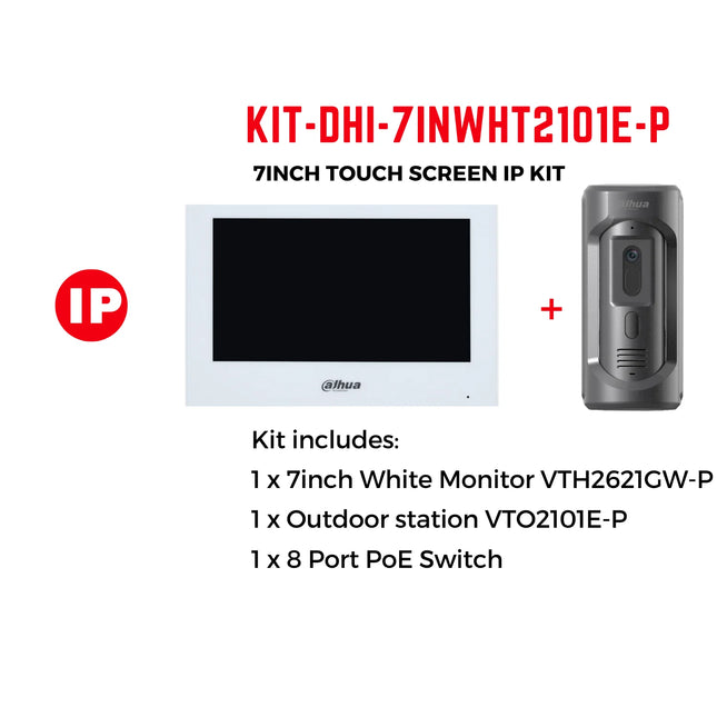 Dahua Intercom Kit: 7" Monitor (White) 2MP Outdoor Camera, 4 PoE Switch - KIT-DHI-7INWHT2101E-P