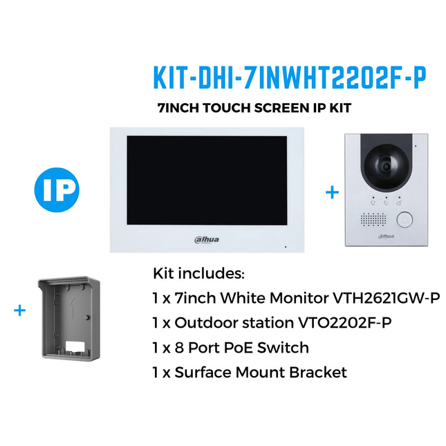 Dahua Intercom Kit: 7" Monitor (White) 2MP Outdoor Camera, 4 PoE Switch - KIT-DHI-7INWHT2202F-P