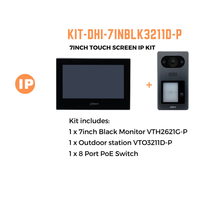 Dahua Intercom Kit: 7" Monitor (Black) 2MP Outdoor Camera, 4 PoE Switch - KIT-DHI-7INBLK3211D-P