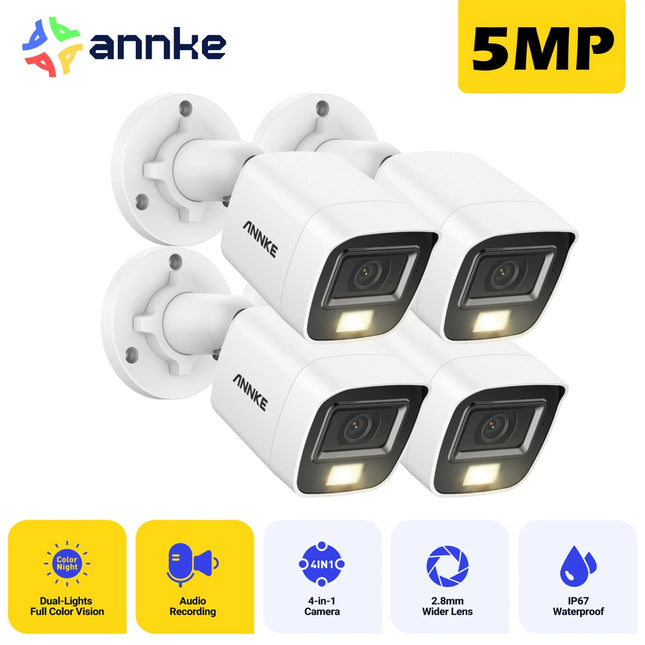 Annke 4x 5MP Analog Bullet Cameras, Audio Recording, Smart Color Night Vision, 2.8mm Lens, IP67