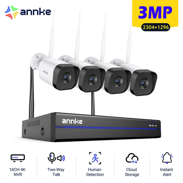 ANNKE 16CH NVR 4-Camera 3MP Wireless Security System, Motion Detection, Two-Way Audio, Alexa Compatible, Waterproof