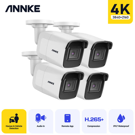 Annke 4x 8MP (4K) Bullet Cameras, IR Night Vision, AI Human & Vehicle Detection, Built-in Mic, IP67