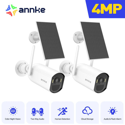 ANNKE 2-Camera 4MP Wireless Solar Security Camera Kit, Two-Way Audio, Color Night Vision, PIR Motion Detection, Alexa Compatible
