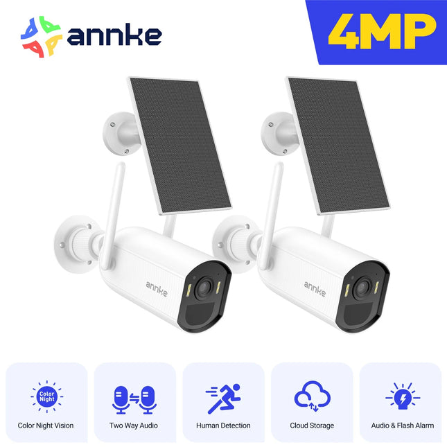 ANNKE 2-Camera 4MP Wireless Solar Security Camera Kit, Two-Way Audio, Color Night Vision, PIR Motion Detection, Alexa Compatible