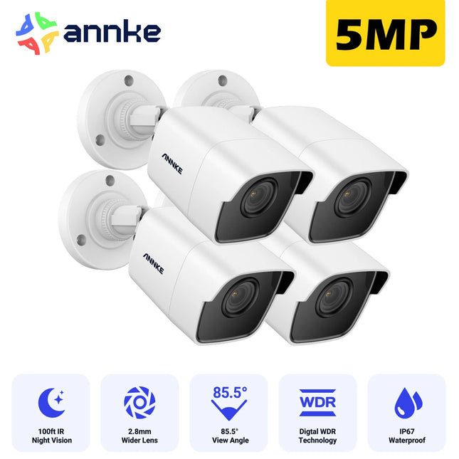 ANNKE 4-Camera 5MP HD Bullet Security Camera System, 30m Night Vision, IP67 Weatherproof, White