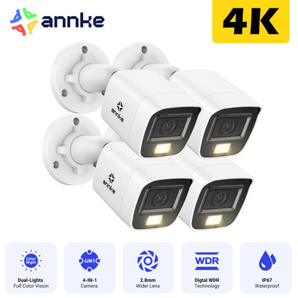 Annke 4x 8MP (4K) Analog Bullet Cameras, Smart Color Night Vision, 2.8mm Lens, IP67