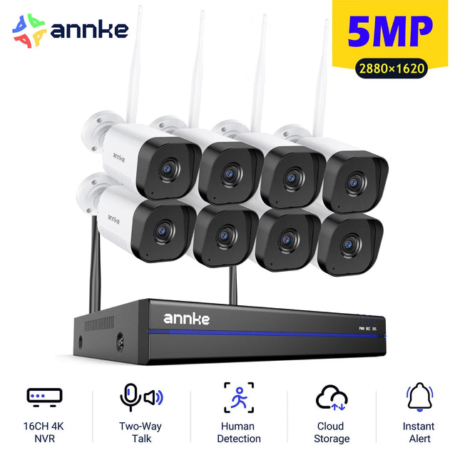 ANNKE 16CH NVR 8-Camera 5MP Wireless Security System, Motion Detection, Two-Way Audio, Alexa Compatible, Waterproof