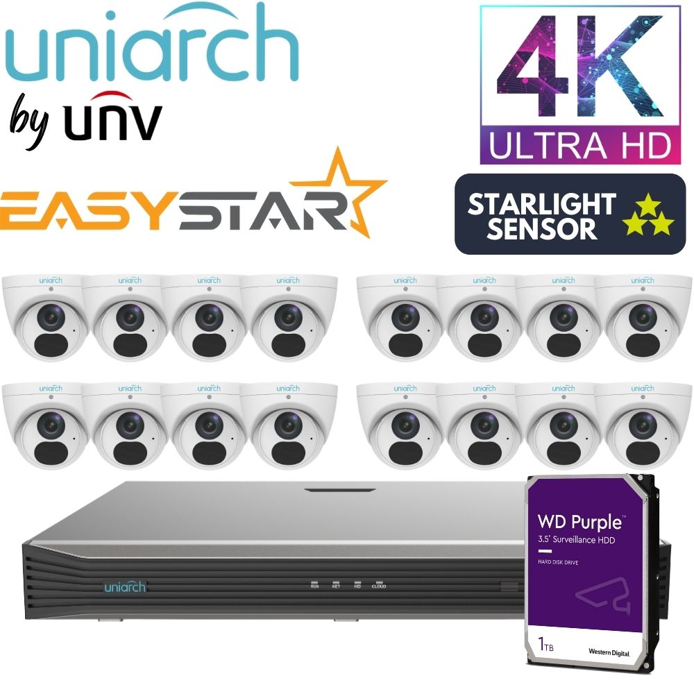 Uniarch Security System: 16-Channel NVR Pro, 16 X 8MP Turret, EasyStar