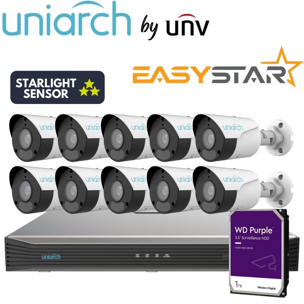 Uniarch Security System: 16-Channel NVR Pro, 10 X 6MP Bullet, EasyStar
