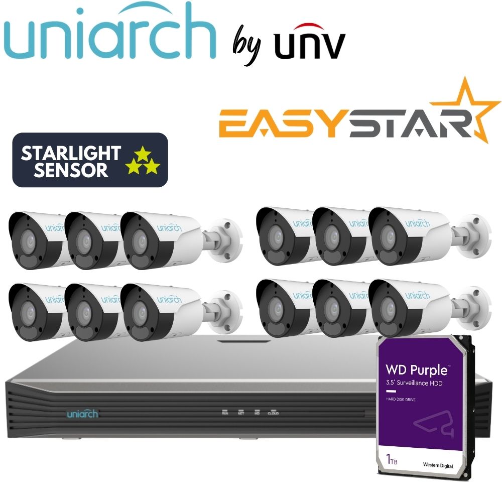 Uniarch Security System: 16-Channel NVR Pro, 12 X 6MP Bullet, EasyStar