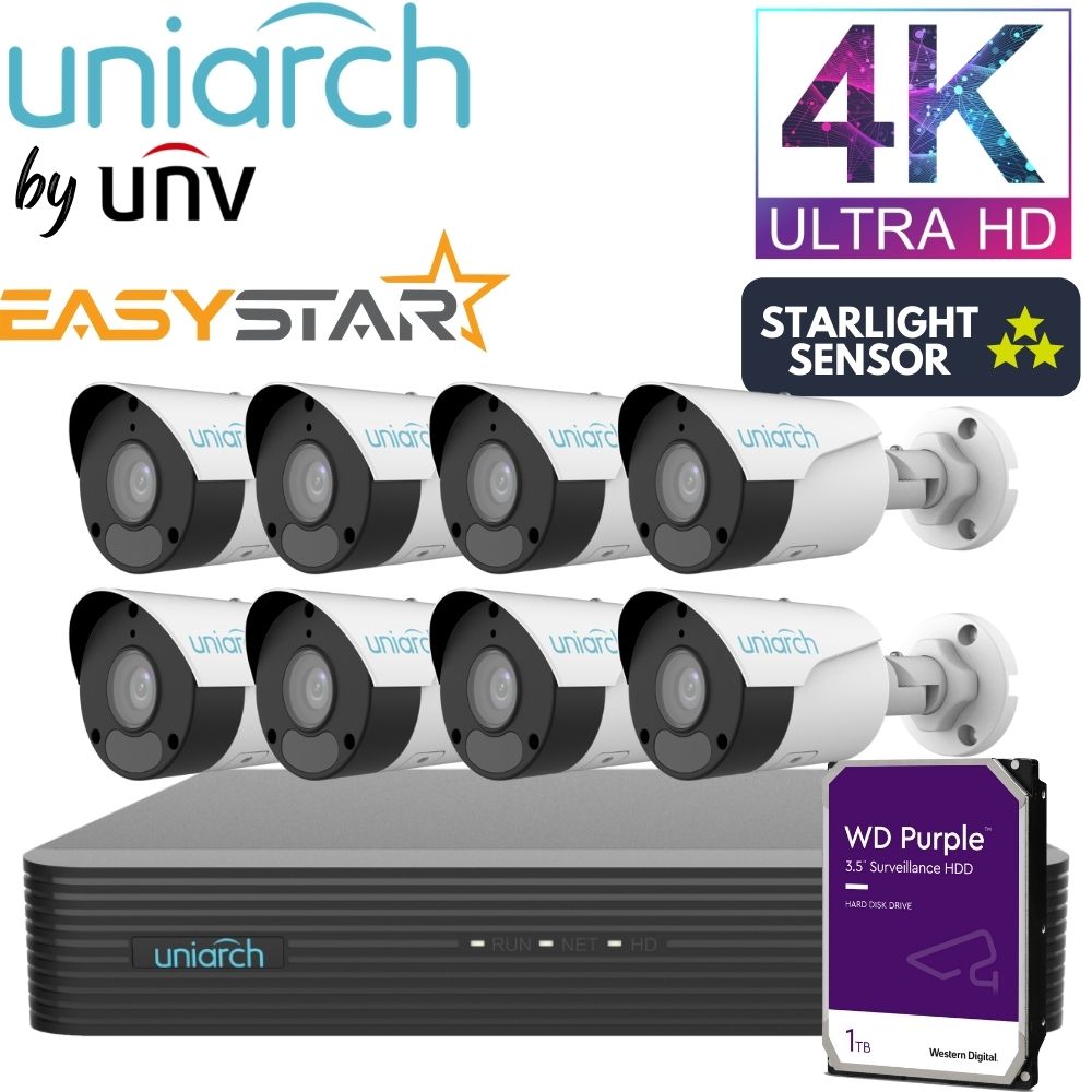 Uniarch Security System: 8-Channel NVR Pro, 8 X 8MP Bullet, EasyStar