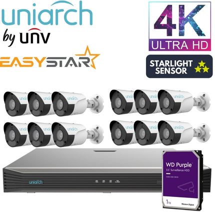 Uniarch Security System: 16-Channel NVR Pro, 12 X 8MP Bullet, EasyStar
