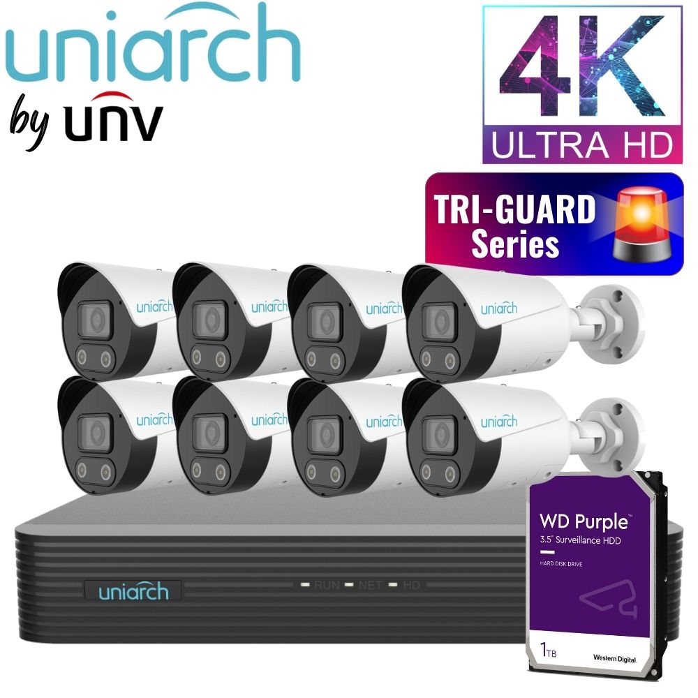 Uniarch Security System: 8-Channel NVR Pro, 8 X 8MP Bullet, Tri-Guard