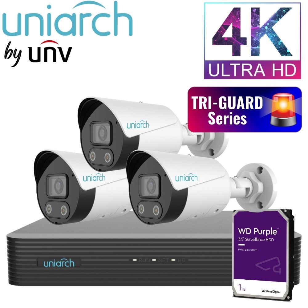 Uniarch Security System: 4-Channel NVR Pro, 3 X 8MP Bullet, Tri-Guard