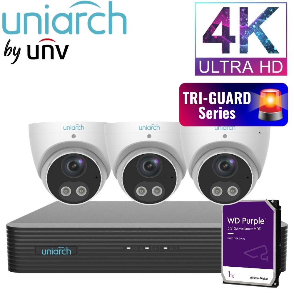 Uniarch Security System: 4-Channel NVR Pro, 3 X 8MP Turret, Tri-Guard