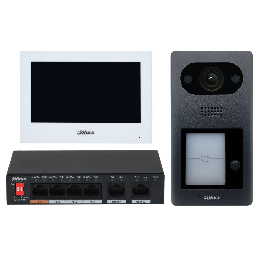 Dahua Intercom Kit: 7" Monitor (WHITE), 2MP Camera, 4 PoE Switch - KIT-DHI-7INWHT3211D-P