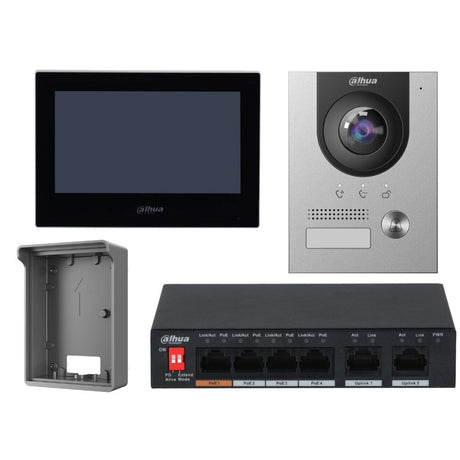 Dahua Intercom Kit: 7" Monitor (BLACK), 2MP Outdoor Camera, 4 PoE Switch - KIT-DHI-7INBLK2202F-P
