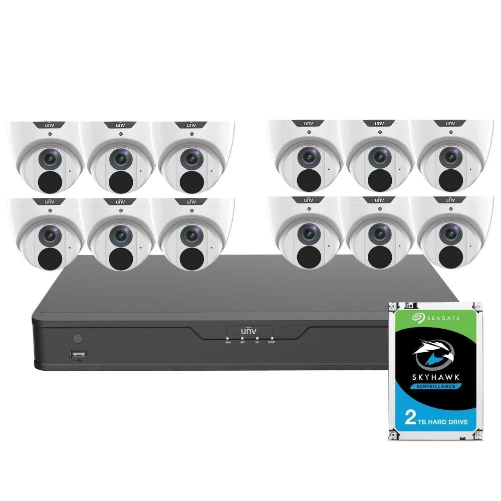 Uniview 16 Channel security System: 8MP NVR, 12 x 5MP LightHunter Turret Cameras, 2TB HDD