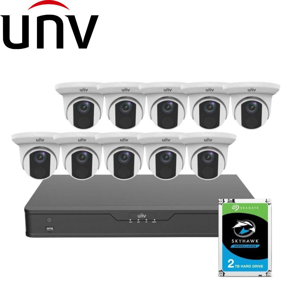 Uniview 16 Channel Security System: 8MP(4K) NVR, 10 x 8MP(4K) Turret Cameras, 2TB HDD