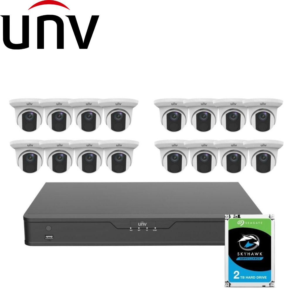 Uniview 16 Channel Security System: 8MP(4K) NVR, 16 x 8MP(4K) Turret Cameras, 2TB HDD