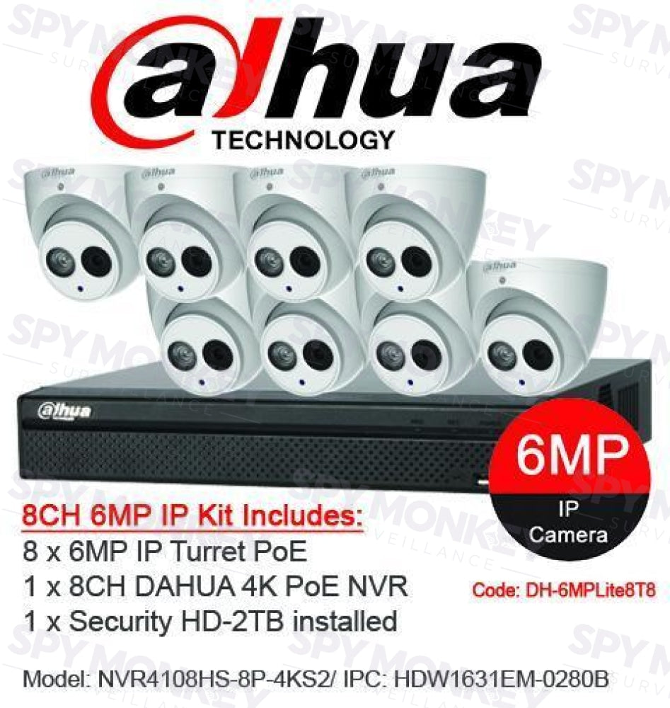 Dahua 8 Channel Security Kit: 8MP (4K Ultra HD) Lite Series, 8 X 6MP Turret Cameras, 2TB HDD