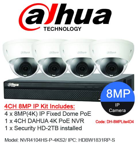 Dahua 4 Channel Security System: 8MP NVR, 4 x 8MP (4K) Dome Cameras, 2TB HDD