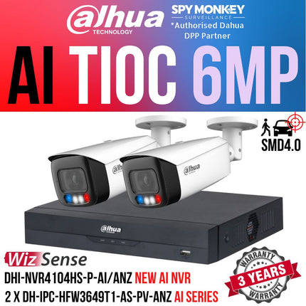 Dahua AI TiOC Security System: 2x 6MP TiOC 2.0 Bullets, 4CH 16MP WizSense NVR, SMD 4.0