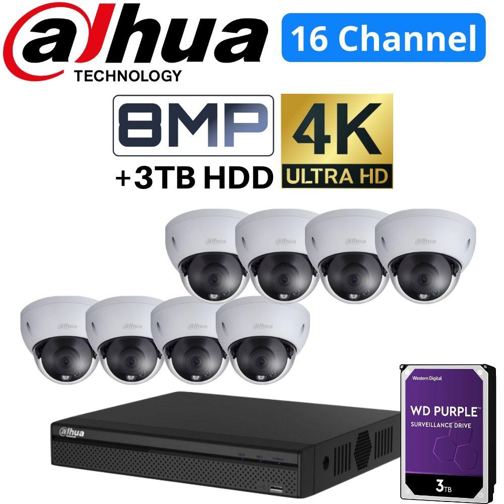 Dahua 16 Channel Security System: 8MP NVR, 8 x 8MP (4K) Dome Cameras, 3TB HDD