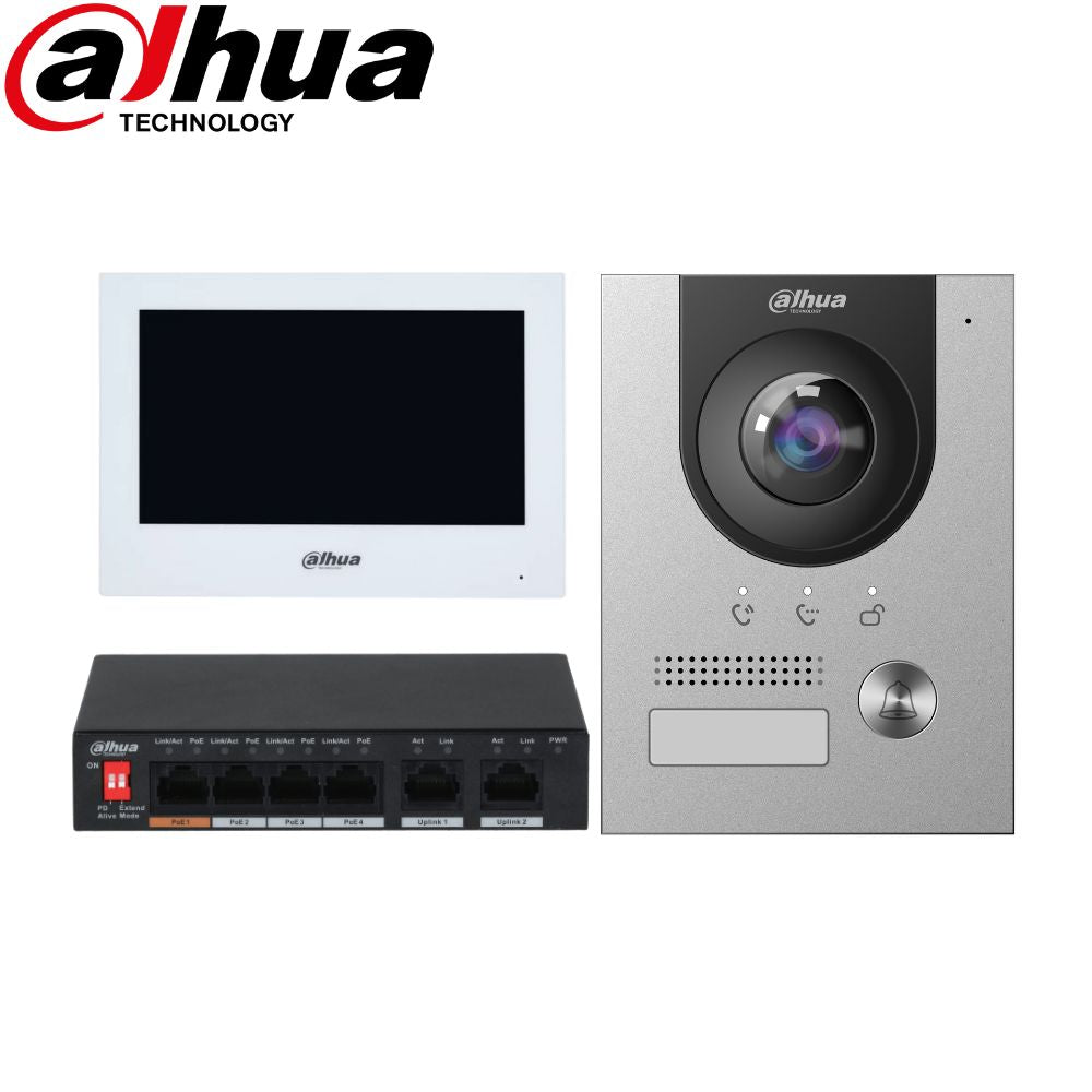 Dahua Intercom Kit: 7" Monitor (WHITE), 2MP Outdoor Camera, 4 PoE Switch - KIT-DHI-7INWHT2202F-P