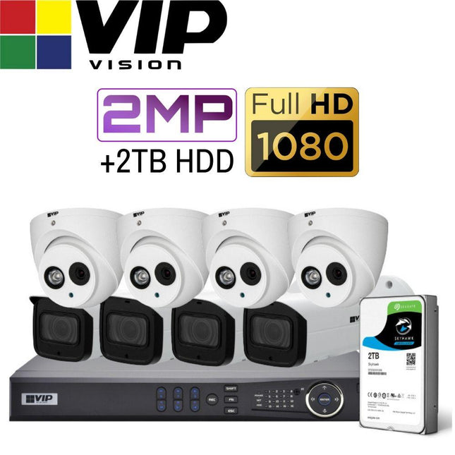 VIP Vision Pro 8 Channel Security Kit: 12MP NVR, 4 X 2MP Bullet, 4 X 2MP Turret, 2TB HDD