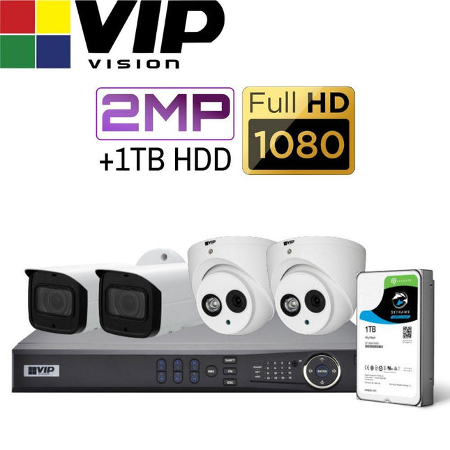 VIP Vision Pro 4 Channel Security Kit: 8MP NVR, 2 X 2MP Bullet, 2 X 2MP Dome, 1TB HDD