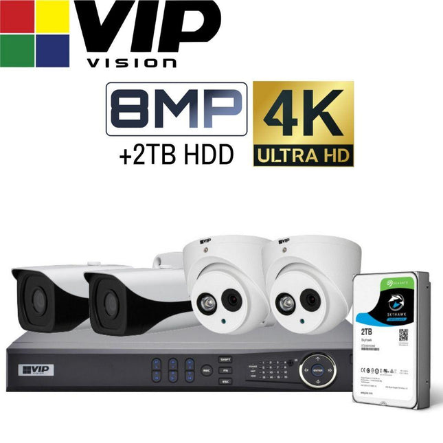 VIP Vision Pro 4 Channel Security Kit: 8MP NVR, 2 X 8MP Bullet, 2 X 8MP Turret, 2TB HDD