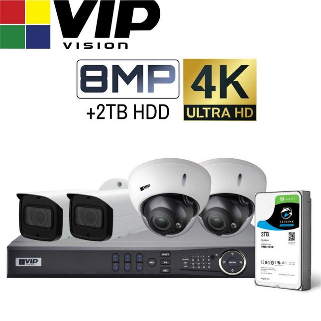 VIP Vision Pro 4 Channel Security Kit: 8MP NVR, 2 X 8MP VF Bullet, 2 X 8MP VF Dome, 2TB HDD