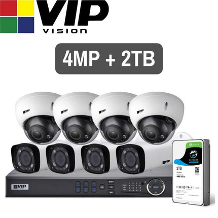 VIP Vision Pro 8 Channel Security Kit: 12MP NVR, 4 X 4MP VF Bullet, 4 X 4MP VF Dome, 2TB HDD