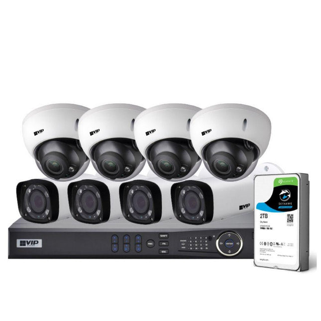 VIP Vision Pro 8 Channel Security Kit: 12MP NVR, 4 X 4MP VF Bullet, 4 X 4MP VF Dome, 2TB HDD
