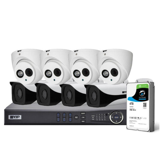VIP Vision Pro 8 Channel Security Kit: 12MP NVR, 4 X 6MP Bullet, 4 X 6MP Turret, 4TB HDD