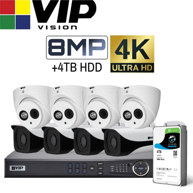VIP Vision Pro 8 Channel Security Kit: 12MP NVR, 4 X 8MP Bullets, 4 X 8MP Turrets, 4TB HDD