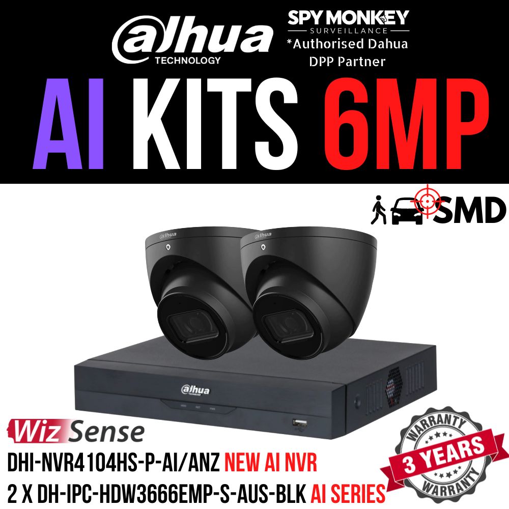 Dahua 2023 Full AI Security System: 2x 6MP Black Turret 3X66 Cams, 4CH 16MP WizSense NVR
