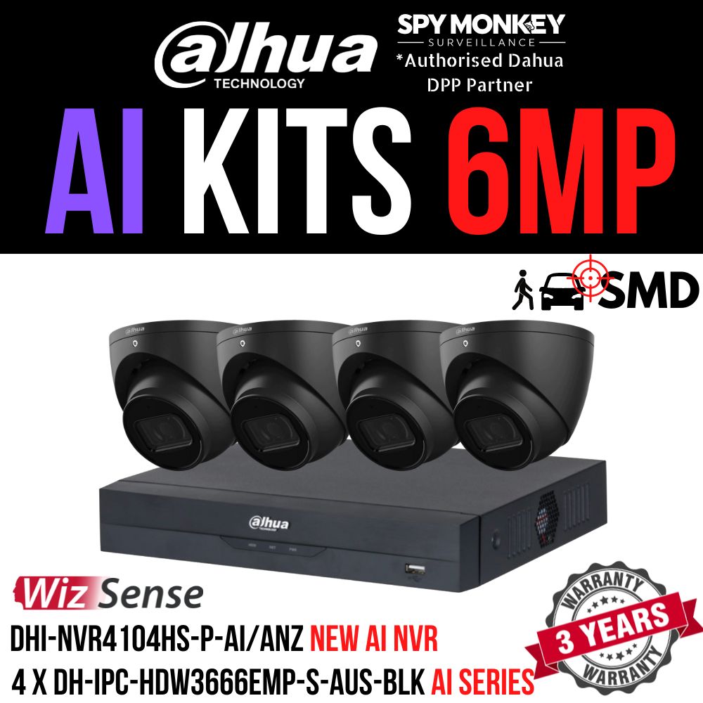 Dahua 2023 Full AI Security System: 4x 6MP Black Turret 3X66 Cams, 4CH 16MP WizSense NVR