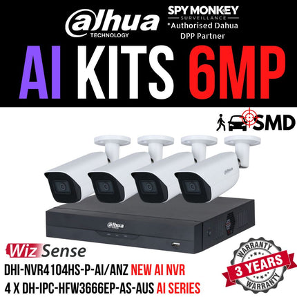 Dahua 2023 Full AI Security System: 4x 6MP Bullet 3X66 Cams, 4CH 16MP WizSense NVR